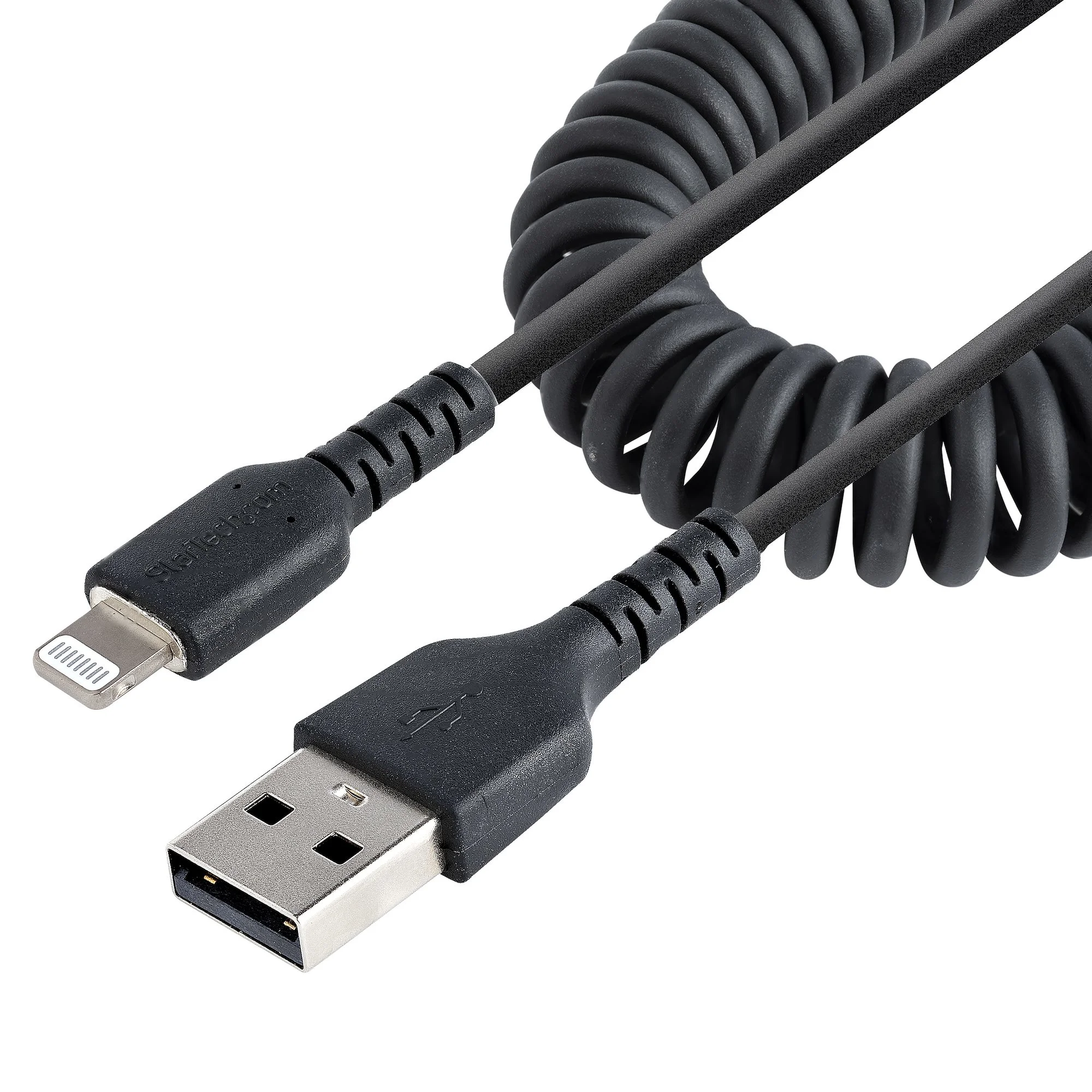 StarTech.com 1m USB auf Lightning Kabel, Spiralkabel, MFi zertifiziert, Schnellladekabel für iPhone/iPad, Schwarz, robuster TPE Mantel mit Aramidfaser, USB 2.0 Kabel, Laden und Synchronisieren