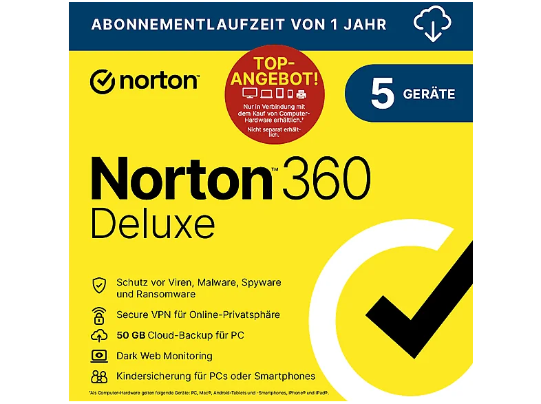 Norton 360 Deluxe - 5 Geräte 12 Monate Abo 50GB Cloud-Speicher (PC, iOS, MAC, Android) [PC/MAC]