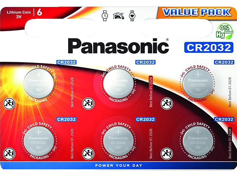 PANASONIC CR2032EL/6BP CR2032 Knopfzelle, Lithium Metall, 3 Volt