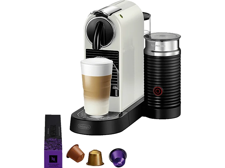 DELONGHI Nespresso CitiZ & milk EN267.WAE, stylisch schlankes Design auch für hohe Gläser, inklusive Milchaufschäumer, einfache Bedienung, Kapselmaschine Weiß
