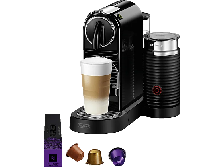 DELONGHI Nespresso CitiZ & milk EN267.BAE, stylisch schlankes Design auch für hohe Gläser, inklusive Milchaufschäumer, einfache Bedienung, Kapselmaschine Schwarz