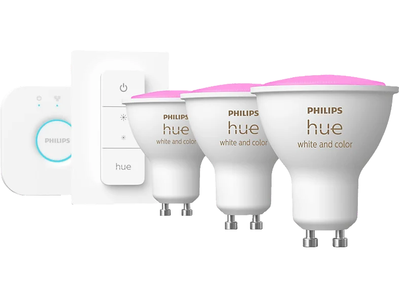 PHILIPS Hue White & Col. Amb. GU10 Dreierpack inkl. Dimmschalter Starter Set Mehrfarbig